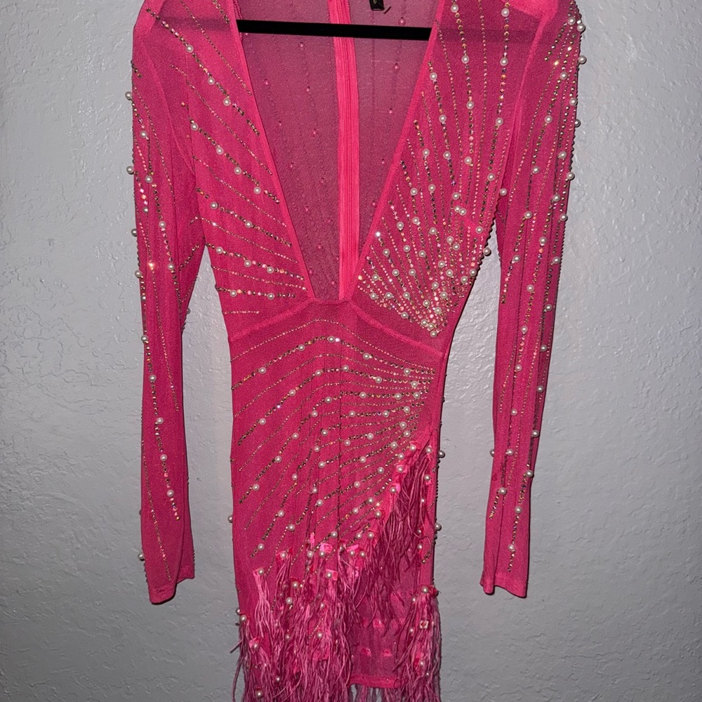 Hot pink long sleeve beaded dress